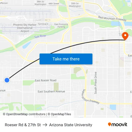 Roeser Rd & 27th St to Arizona State University map