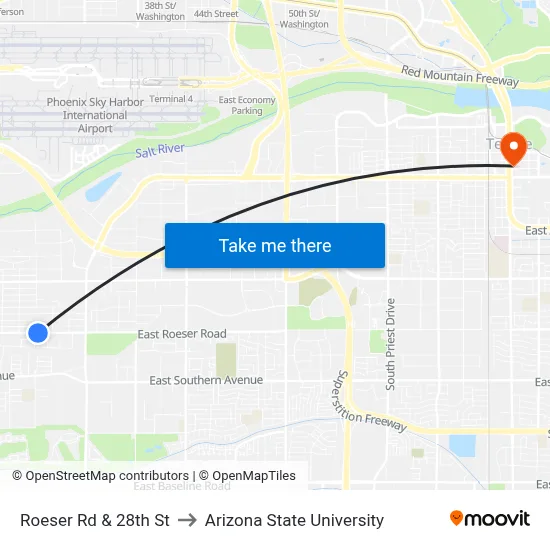 Roeser Rd & 28th St to Arizona State University map
