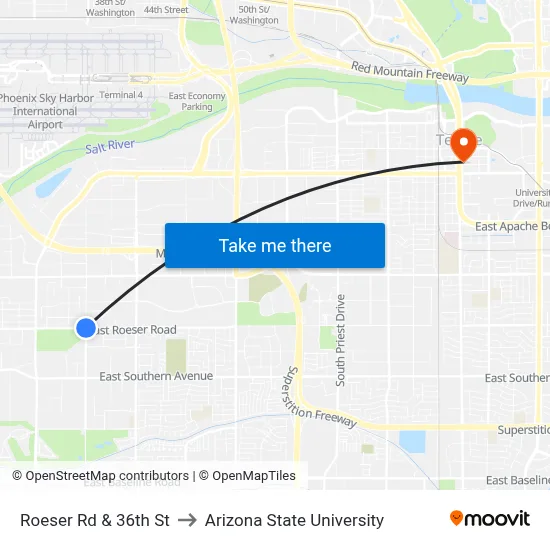 Roeser Rd & 36th St to Arizona State University map
