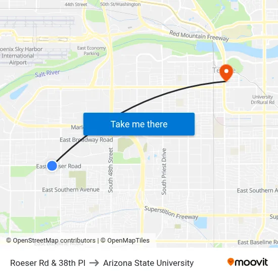 Roeser Rd & 38th Pl to Arizona State University map