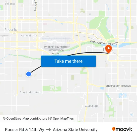 Roeser Rd & 14th Wy to Arizona State University map