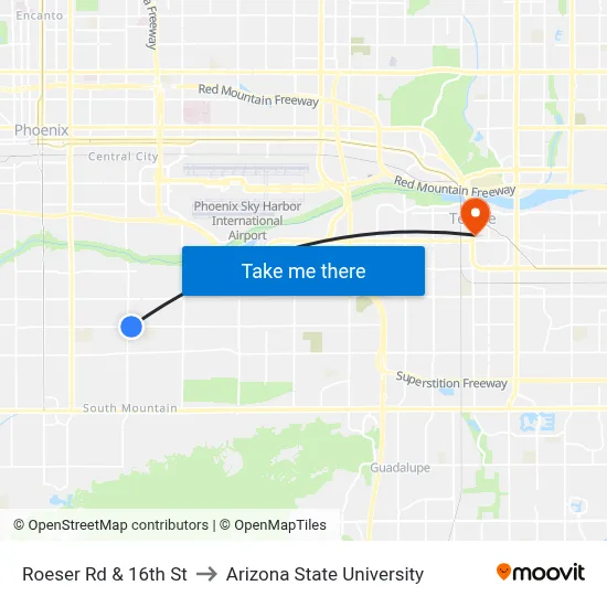 Roeser Rd & 16th St to Arizona State University map