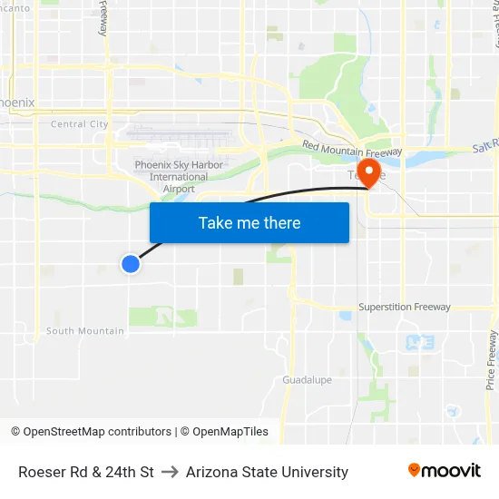 Roeser Rd & 24th St to Arizona State University map