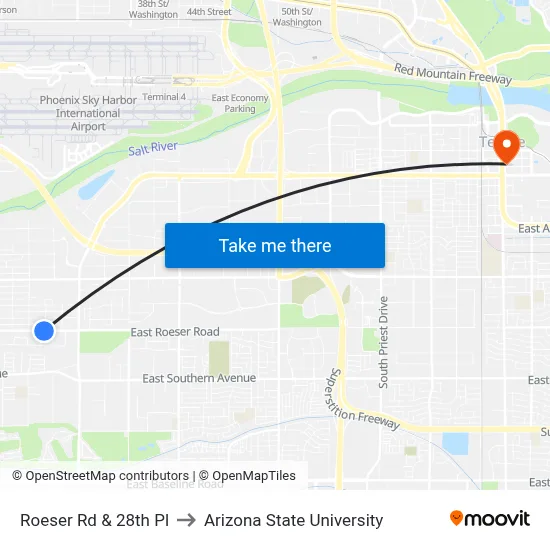 Roeser Rd & 28th Pl to Arizona State University map