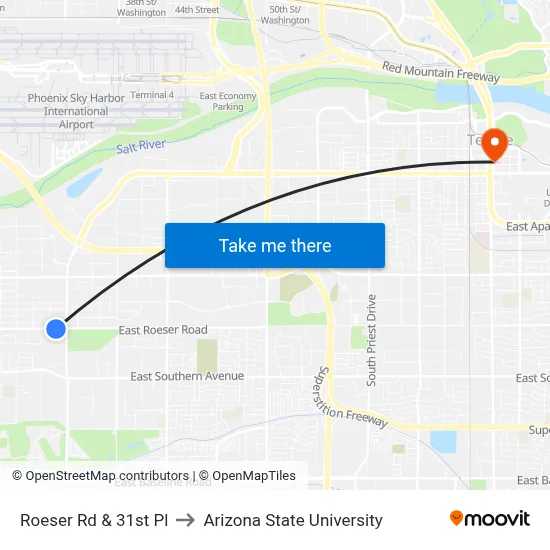 Roeser Rd & 31st Pl to Arizona State University map