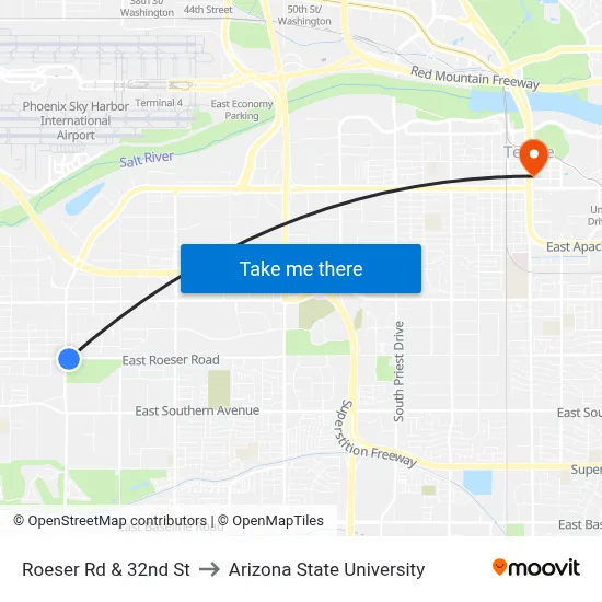 Roeser Rd & 32nd St to Arizona State University map