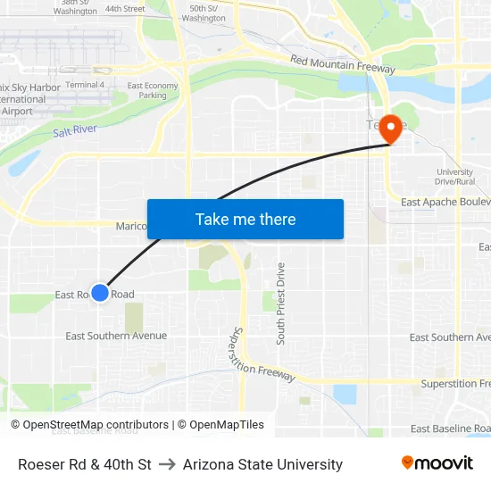Roeser Rd & 40th St to Arizona State University map