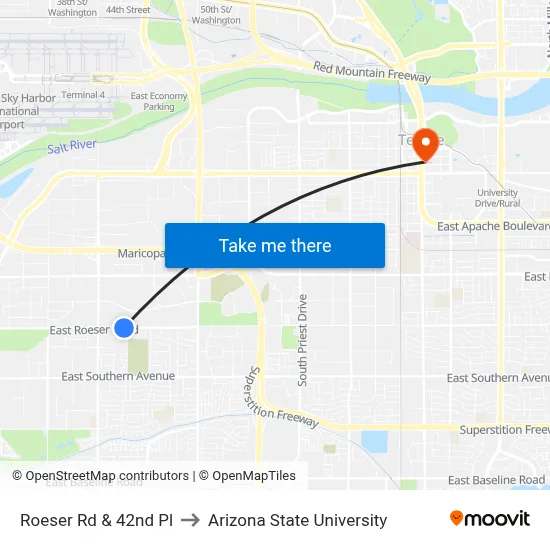 Roeser Rd & 42nd Pl to Arizona State University map