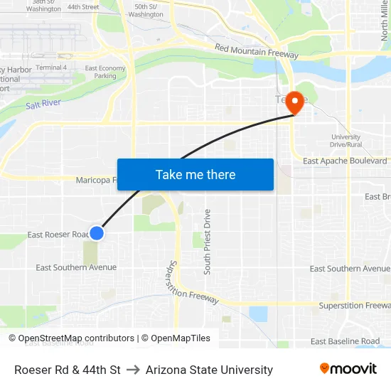 Roeser Rd & 44th St to Arizona State University map