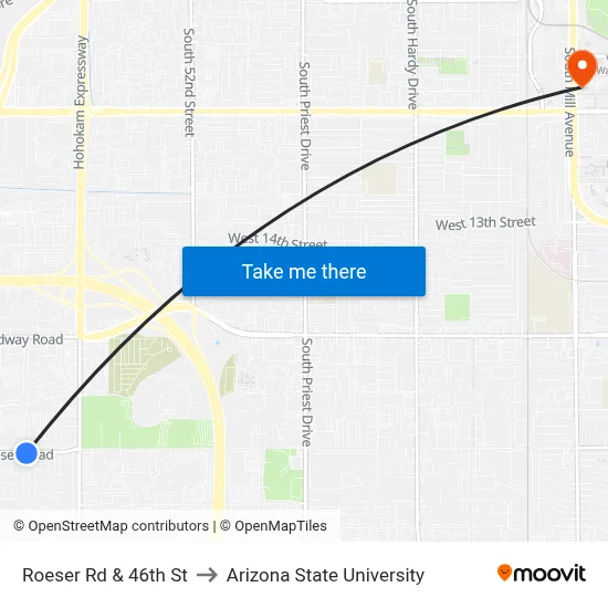 Roeser Rd & 46th St to Arizona State University map