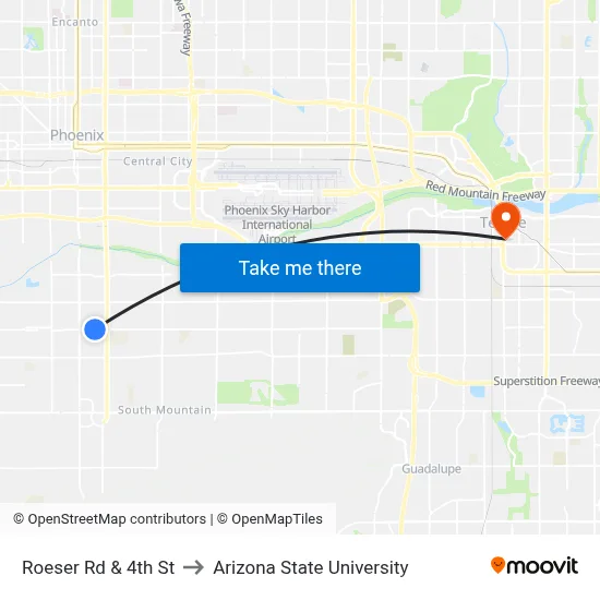Roeser Rd & 4th St to Arizona State University map