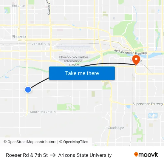 Roeser Rd & 7th St to Arizona State University map