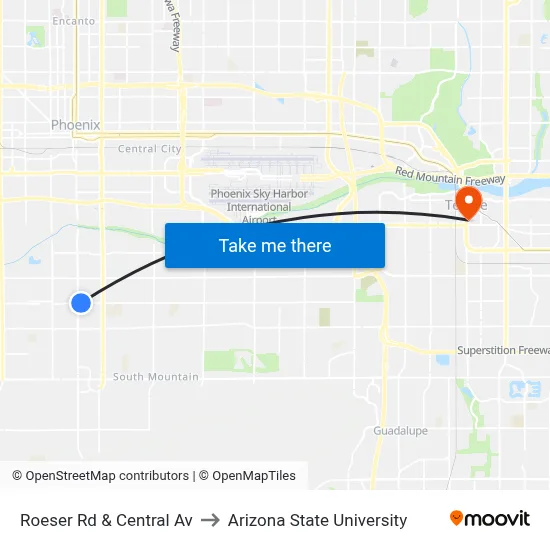 Roeser Rd & Central Av to Arizona State University map