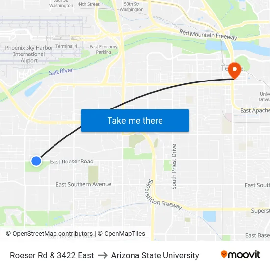 Roeser Rd & 3422 East to Arizona State University map