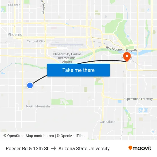 Roeser Rd & 12th St to Arizona State University map