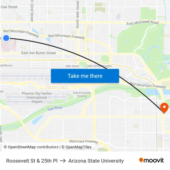 Roosevelt St & 25th Pl to Arizona State University map