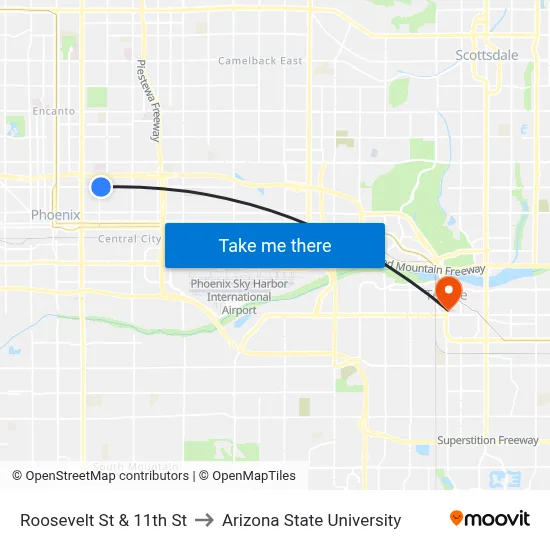 Roosevelt St & 11th St to Arizona State University map