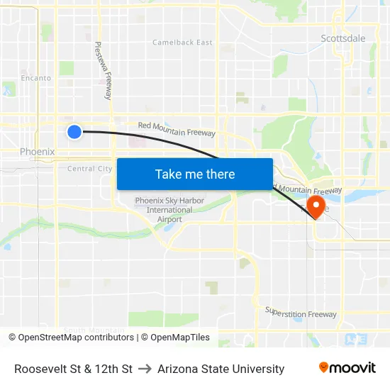 Roosevelt St & 12th St to Arizona State University map