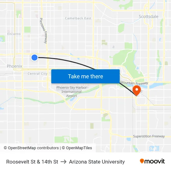 Roosevelt St & 14th St to Arizona State University map