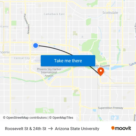 Roosevelt St & 24th St to Arizona State University map