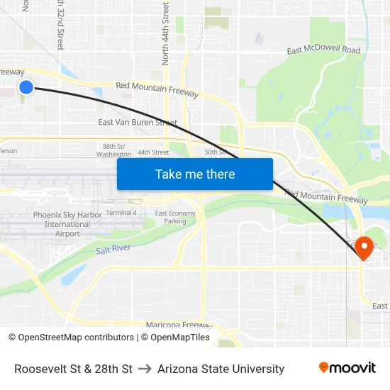 Roosevelt St & 28th St to Arizona State University map