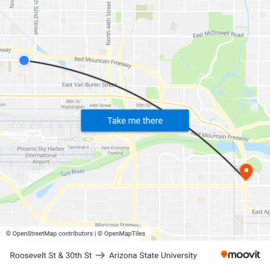 Roosevelt St & 30th St to Arizona State University map