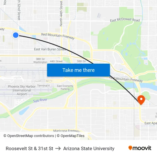 Roosevelt St & 31st St to Arizona State University map