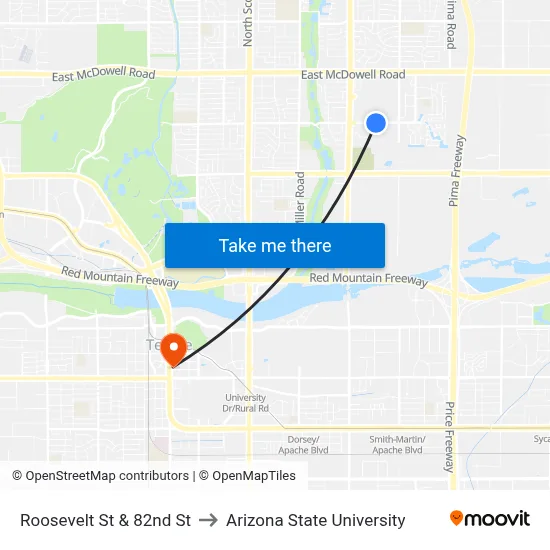 Roosevelt St & 82nd St to Arizona State University map