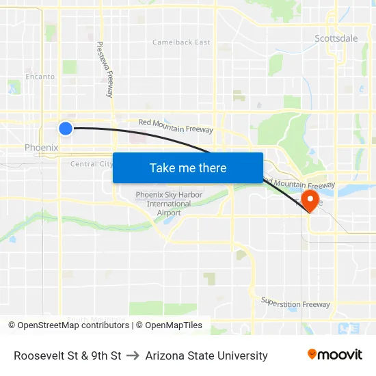 Roosevelt St & 9th St to Arizona State University map