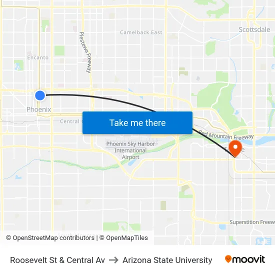 Roosevelt St & Central Av to Arizona State University map