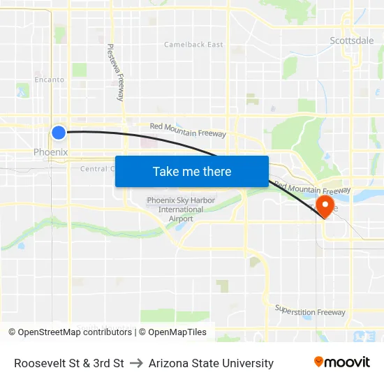 Roosevelt St & 3rd St to Arizona State University map