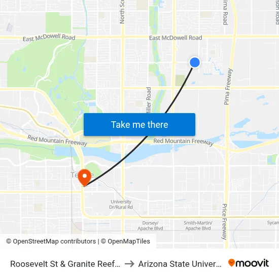 Roosevelt St & Granite Reef Rd to Arizona State University map