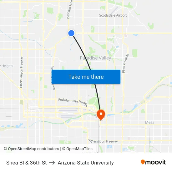 Shea Bl & 36th St to Arizona State University map
