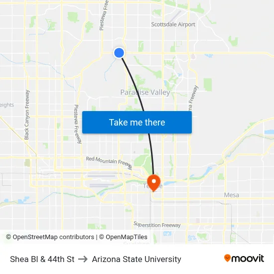 Shea Bl & 44th St to Arizona State University map