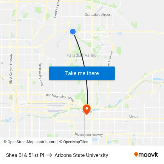 Shea Bl & 51st Pl to Arizona State University map