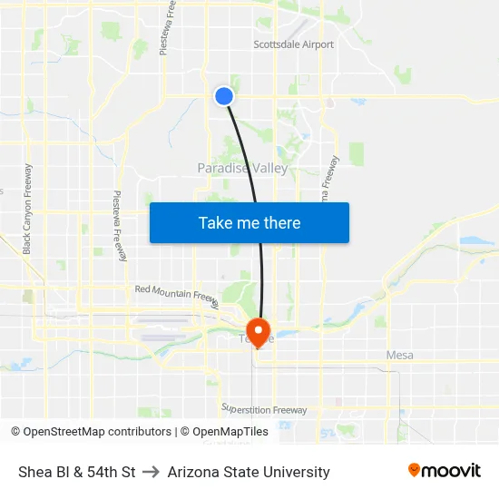 Shea Bl & 54th St to Arizona State University map