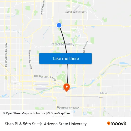 Shea Bl & 56th St to Arizona State University map