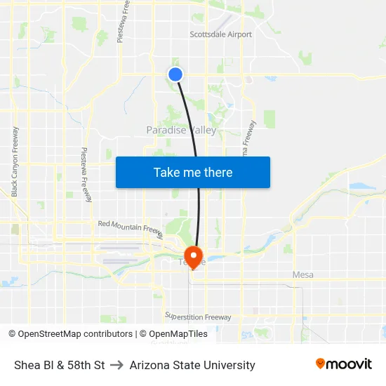 Shea Bl & 58th St to Arizona State University map