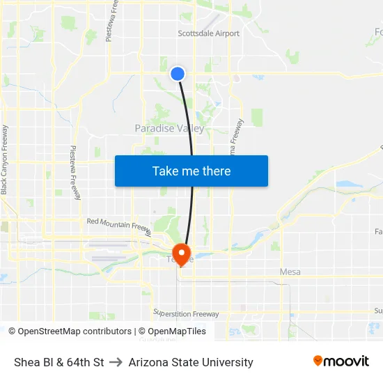 Shea Bl & 64th St to Arizona State University map