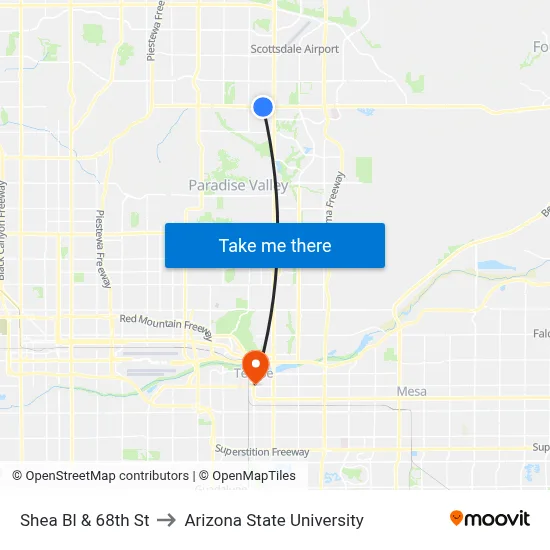 Shea Bl & 68th St to Arizona State University map