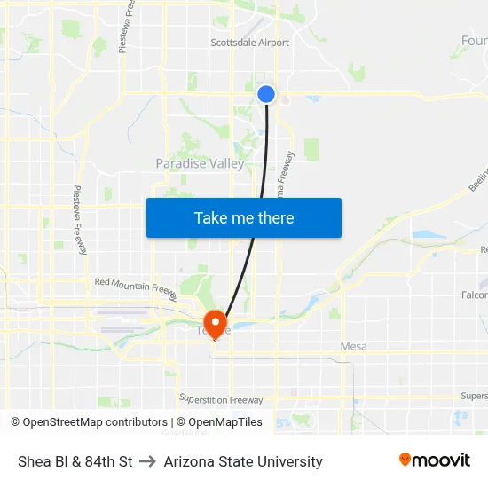 Shea Bl & 84th St to Arizona State University map