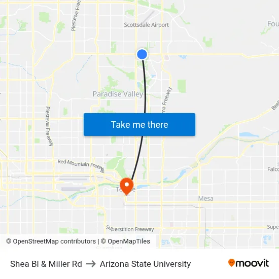Shea Bl & Miller Rd to Arizona State University map