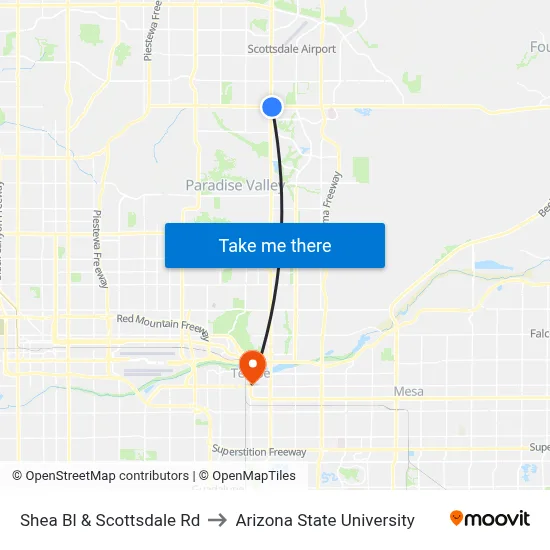 Shea Bl & Scottsdale Rd to Arizona State University map