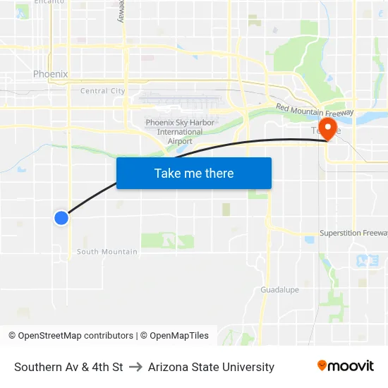 Southern Av & 4th St to Arizona State University map