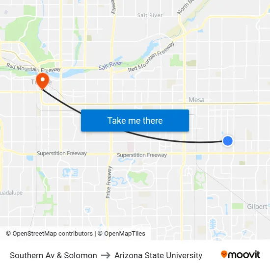 Southern Av & Solomon to Arizona State University map