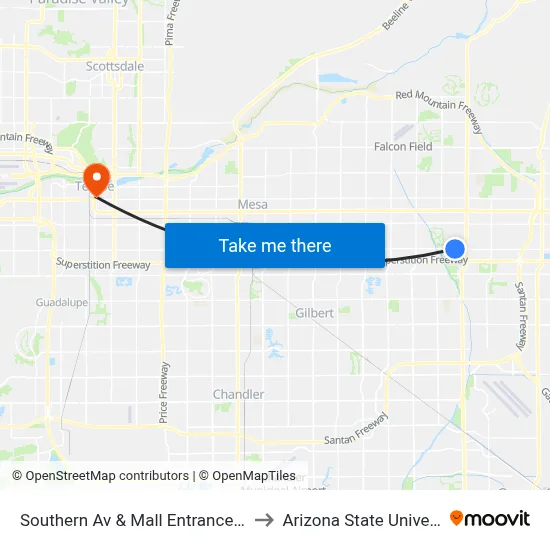 Southern Av & Mall Entrance West to Arizona State University map