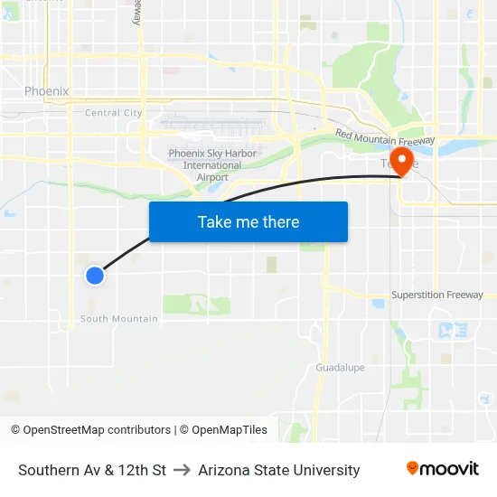 Southern Av & 12th St to Arizona State University map