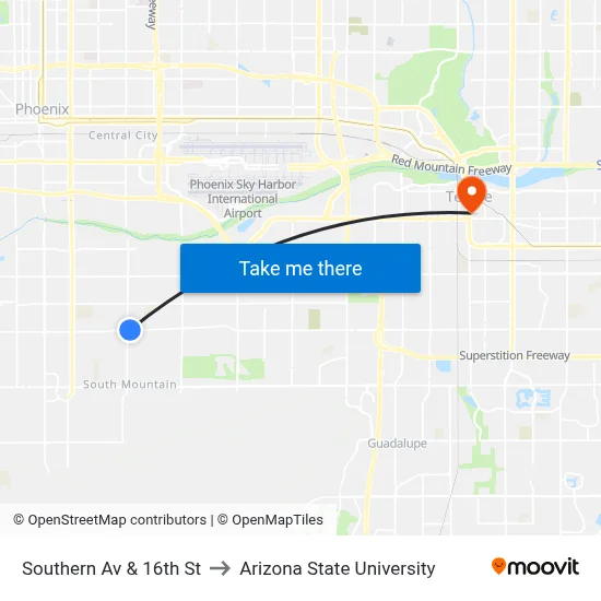 Southern Av & 16th St to Arizona State University map