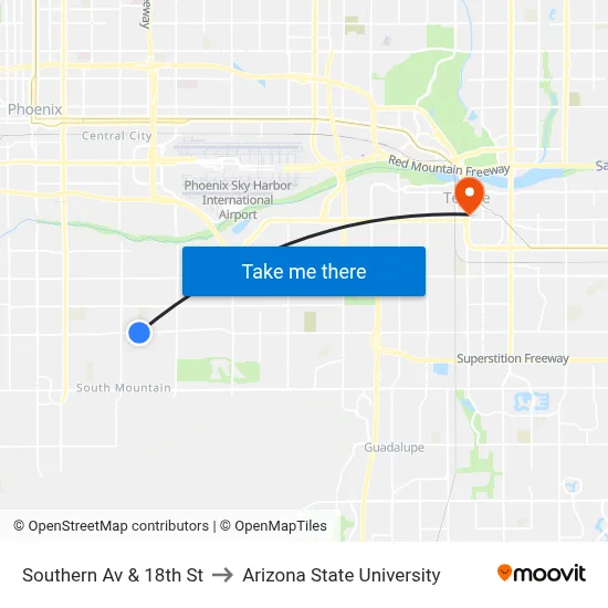 Southern Av & 18th St to Arizona State University map