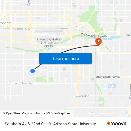 Southern Av & 22nd St to Arizona State University map